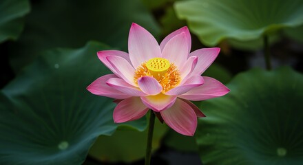 Blooming Pink Lotus Flower with Yellow Center in Natural Setting