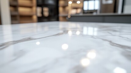 Close up shot of a white marble countertop with gray veins and blurred background elements present