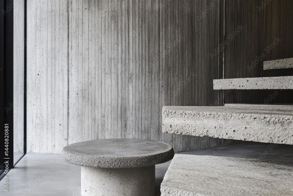 Poster minimalist concrete furniture and architectural details create a modern, stark interior. clean lines