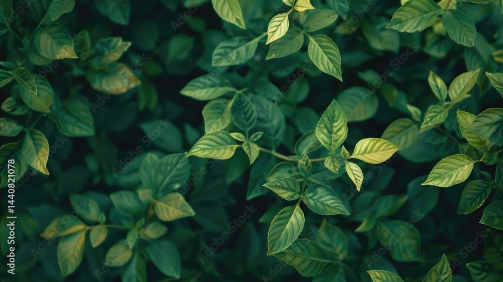 Poster close up of green leaves with sunlight. background image of green leaves with blurring background im
