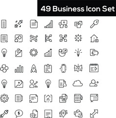 Business Strategy Set of Web and Mobile App Icons in Line Style &ndash; Action List, Research, Solution, Teamwork, Marketing, Startup, Advertising, Business Process, Management, Planning, Leadership, Invest