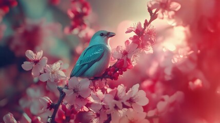 Fototapeta premium A vibrant blue bird perched amidst a blossoming pink tree. Springtime beauty