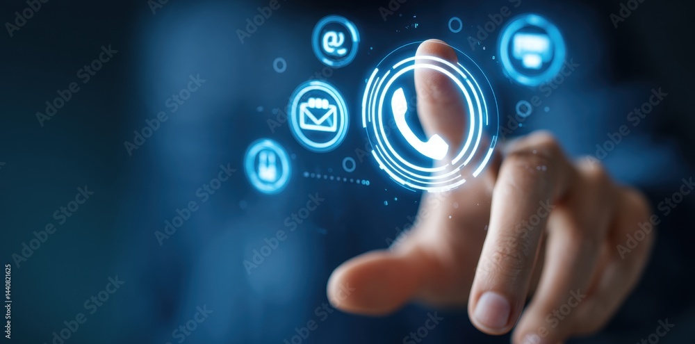 Poster digital technology contact support customer service interface web hand blue call help data touch