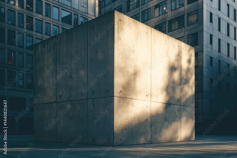 Poster Minimalist concrete cube contrasts against modern architecture, highlighted by soft sunlight and tree shadows in an urban setting.