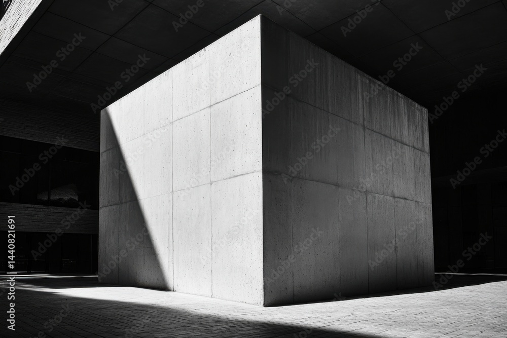 Aufkleber Geometric Contrast: A concrete cube is illuminated by sunlight in a monochromatic scene, creating a study in light and shadow.