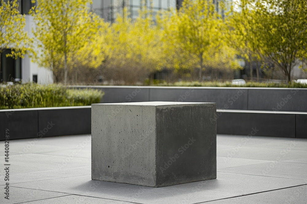 Poster a concrete block sits on a paved surface, surrounded by greenery, showcasing a modern, minimalist ar