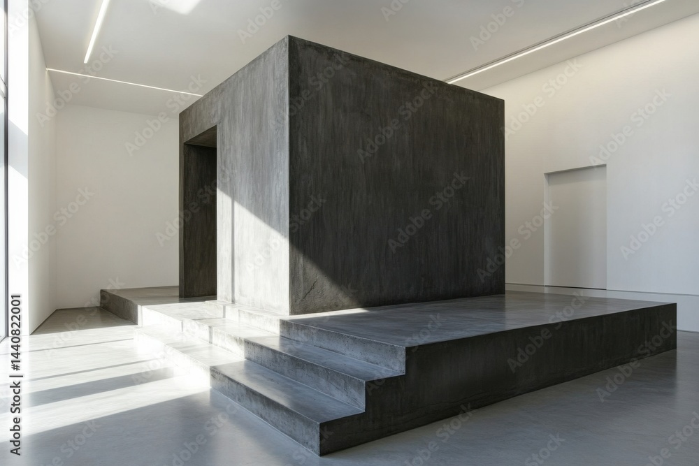 Poster Minimalist monolith structure on raised concrete platform in bright, open space. Simple, clean design. Interior architecture, indoor, daylight.