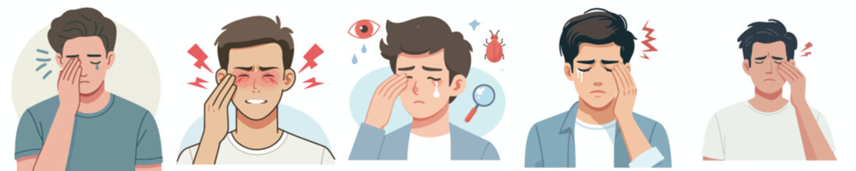 flat design vector collection of a young man with sore eyes