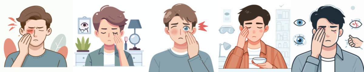 flat design vector collection of a young man with sore eyes
