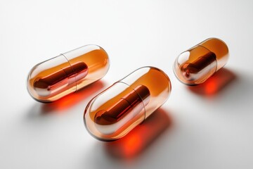 Detailed view of translucent capsules showcasing orange hue and internal structure on a white background. Medical treatment and healthcare.