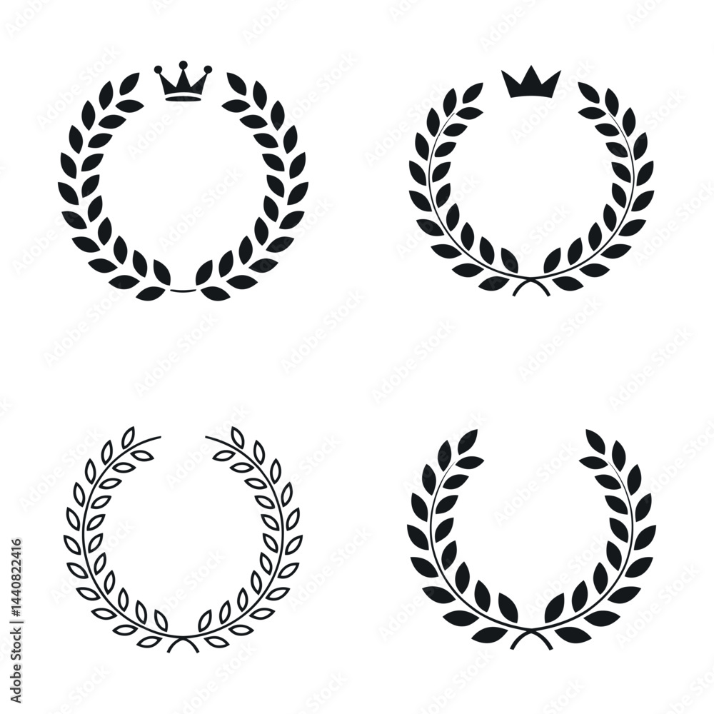Poster vector set of laurel wreaths with crown symbolizing victory and achievement isolated on white backgr