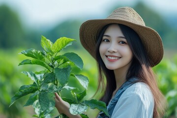 Smiling woman in a field, wearing a hat, holding a plant with bright green leaves. Countryside charm and agriculture.
