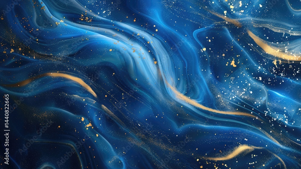 Poster abstract of gold particle color in blue wave wavering in luxury design. modern art present about the