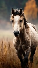 Brown horse running gracefully through tall grass in a serene autumn landscape during golden hour