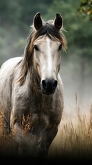 Majestic gray horse standing proudly in a misty meadow during early morning light