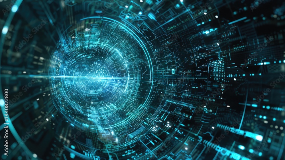 Poster futuristic digital interface with glowing elements. digital artwork of circle shape hologram with bl