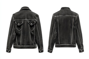 Back view of a casual gray denim jacket with a classic design. Two views show the garment's cut, stitching, and simple elegance.