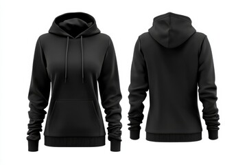 Black hooded sweatshirt, both front and back view, isolated. Casual wear, comfortable fit, for everyday style. Modern basic. Versatile for all.