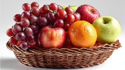 a beautifully arranged fruit basket with a variety of fruits including apples, grapes, and oranges on a white isolated background, colorful and fresh design