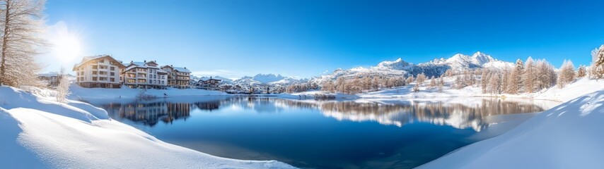 Winter wonderland landscape alpine lake 360 degree hdr view snowy environment