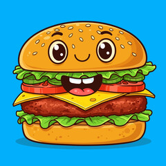 A cheerful cartoon hamburger illustration with a smiling face. This vibrant and playful design is perfect for food-related projects, children's content, or adding a fun touch to any creative work