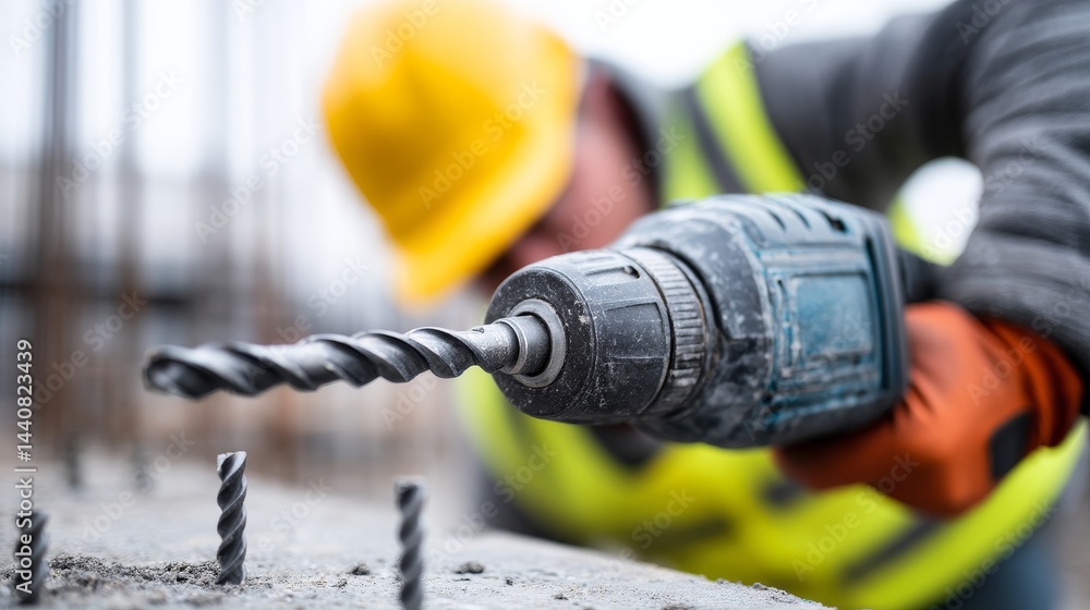 Poster construction worker using drill - close-up of a construction worker's hands using a drill on a concr