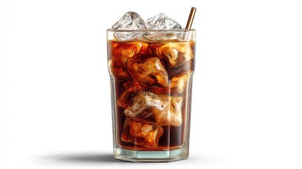 a glass of freshly brewed iced coffee with ice cubes and a straw on a white isolated background, cool and refreshing design