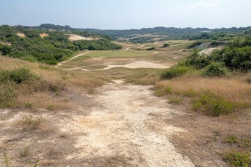 Vast dry landscape with open fields and distant hills in bright daylight near a serene natural reserve