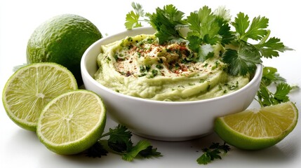 a close-up of a bowl of creamy guacamole with fresh cilantro and lime on a white isolated background, savory and zesty design