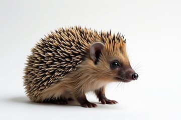Obraz premium Brown hedgehog, spines visible, on plain white backdrop, nature, animal