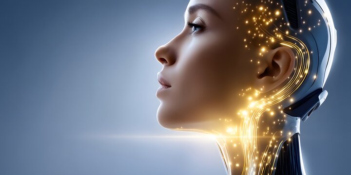 A futuristic robot profile illuminated with glowing lights, representing the intersection of humanity and artificial intelligence in a modern digital landscape.