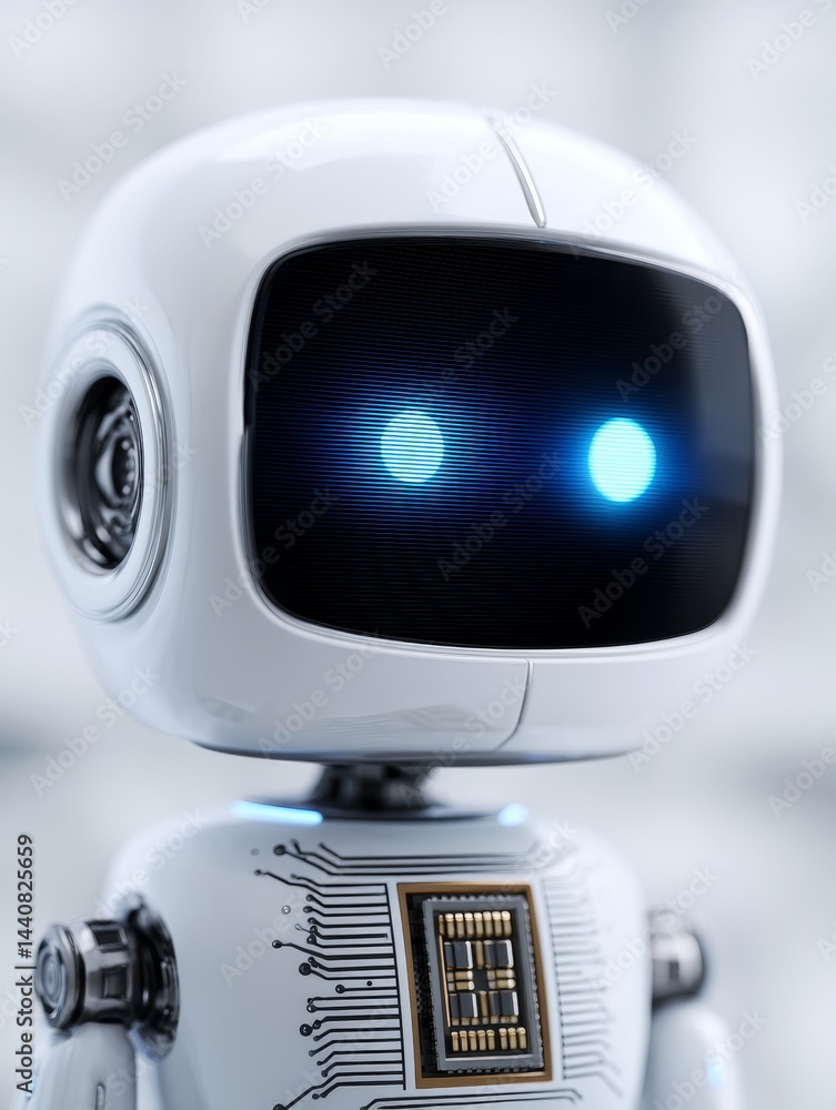 Aufkleber cute robot with futuristic ai chip - a charming, white robot with glowing blue eyes features a visib