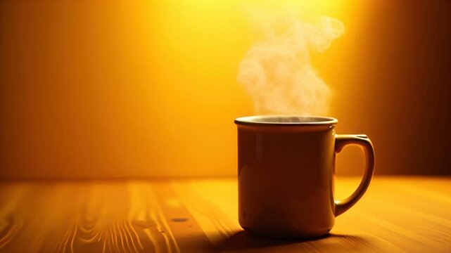 Cup of hot coffee on a wooden table