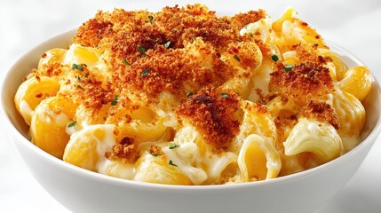 a bowl of creamy mac and cheese with breadcrumbs on top on a white isolated background, cheesy and comforting design