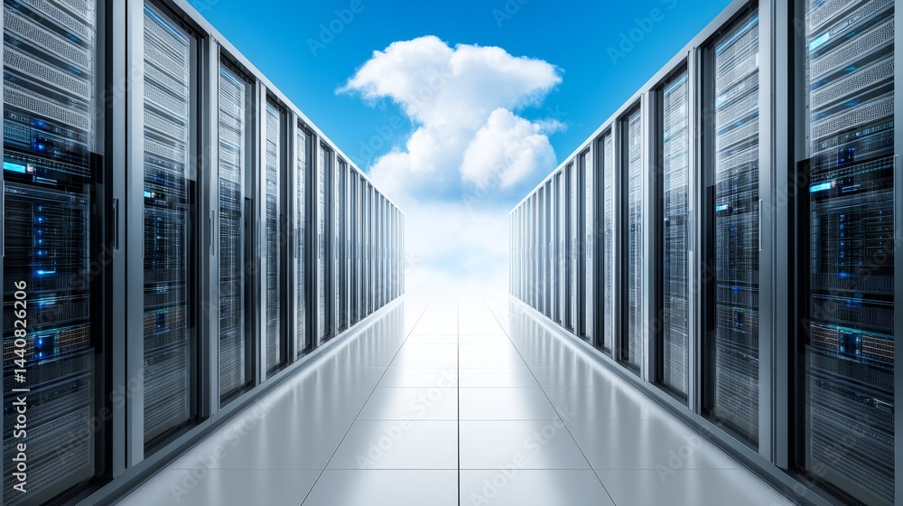 Poster data center cloud computing infrastructure - rows of server racks in a modern data center extend tow