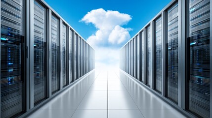 Data Center Cloud Computing Infrastructure - Rows of server racks in a modern data center extend towards a bright sky, symbolizing cloud computing and infrastructure