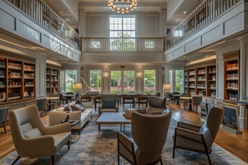 Obraz premium Humans and AI engrossed in reading and learning in a tranquil library filled with digital and physical books, soft lighting, and comfortable seating. AIG60