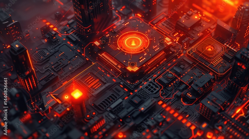 Poster the picture of the red circuit board with technology theme that stands for the connection, the mainb