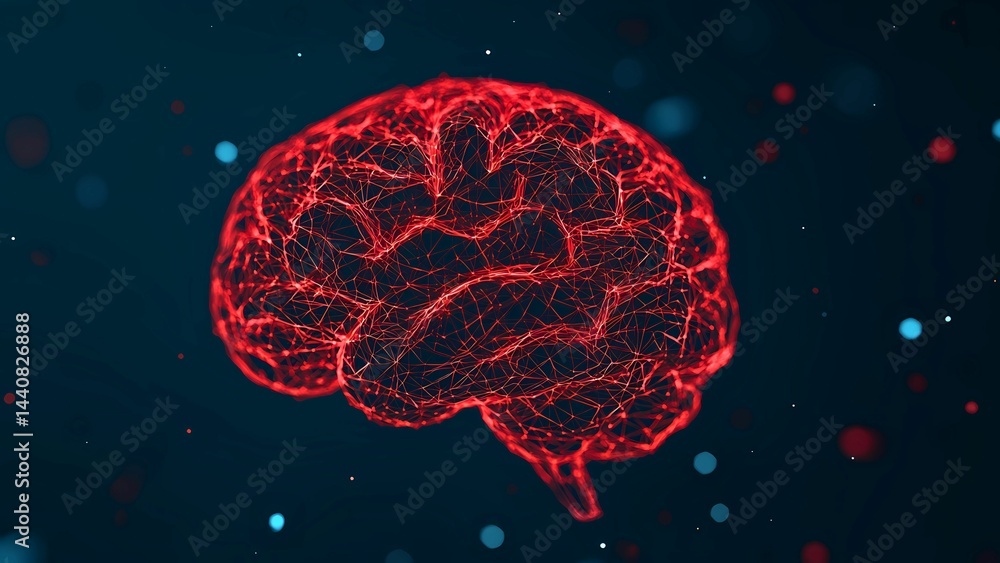 Poster a detailed view of a red, digital brain model, illuminated in the center of the composition, evoking