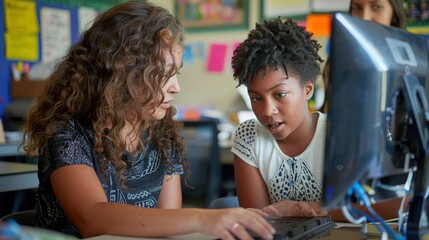 A teacher and mentee working together on a computer, discussing educational content in a modern classroom.