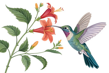 Obraz premium Vibrant Hummingbird Feeding on Hibiscus Flowers Botanical Illustration with Transparent Background.