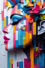 Woman's face with vertical rectangles of coloured textures flowing over it