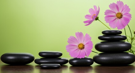 Fototapeta premium Balancing Stones with Pink Flowers on Wood for Peaceful Scene