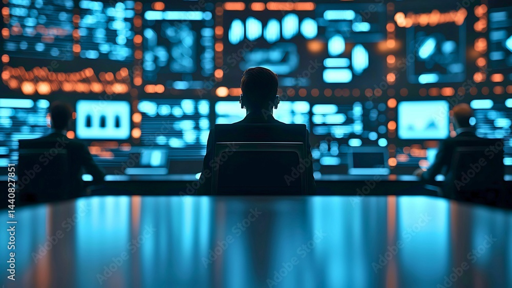 Poster three figures intently focused on a control panel interface in a high-tech setting. they are deeply 