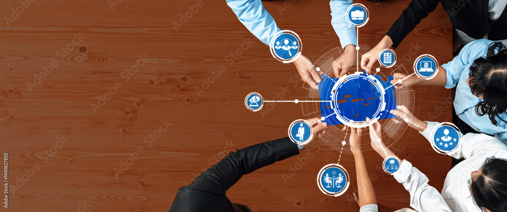 Aufkleber a top-down view of a diverse business team engaged in a collaborative meeting, utilizing technology 