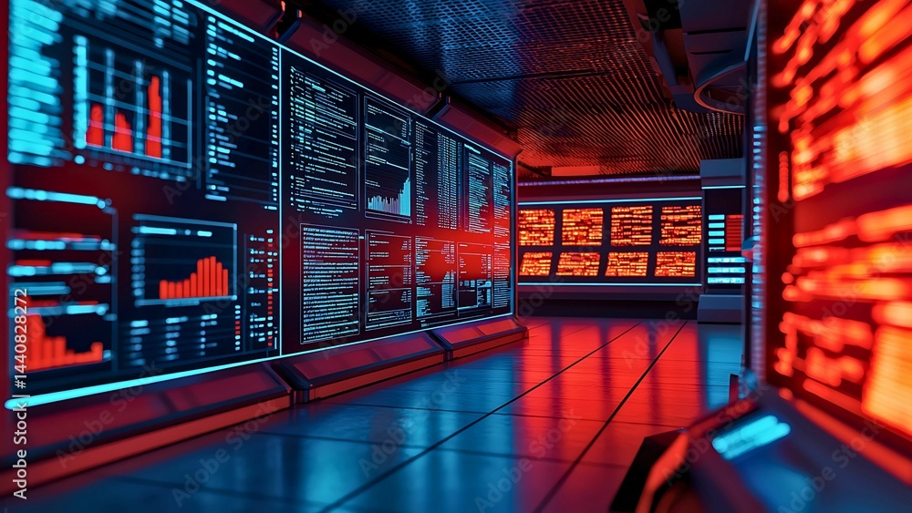 Poster a futuristic data center with glowing screens displaying complex information, bathed in red and blue