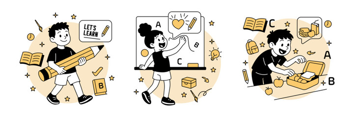 Set of cartoon kids back to school: a boy holding a giant pencil, a girl drawing on a whiteboard, and a boy packing a school lunch. Flat vector style for education themes.