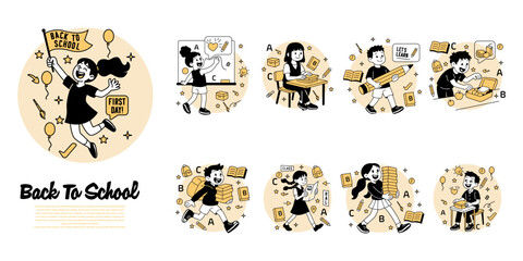 Obraz premium Set of cartoon kids back to school: celebrating first day, finding classrooms, studying, carrying supplies, learning and preparing. Flat vector style perfect for education themes.