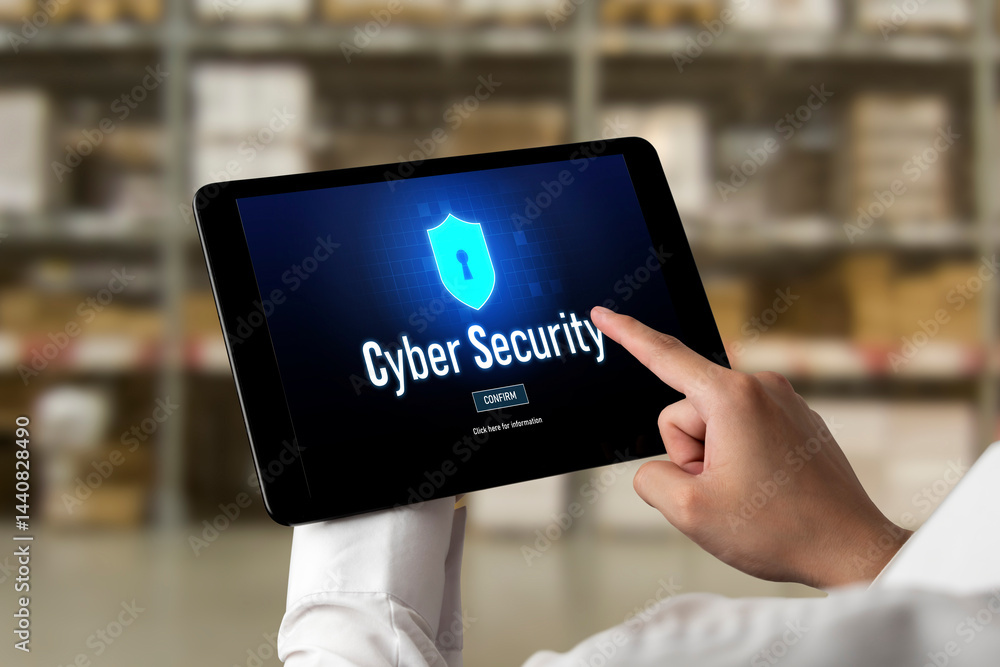 Poster cyber security system on computer screen protect private information snugly from hacker and cyber at