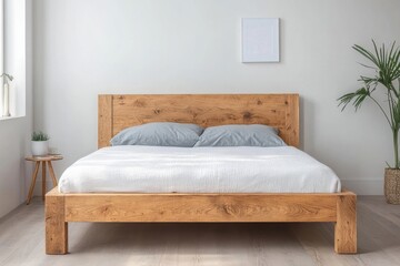 Cozy rustic bedroom with wooden bed frame and soft bedding in a bright, light-filled room